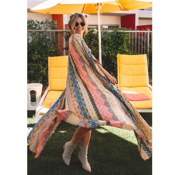 Boho Gypsy Color Block Pink Kimono Cover Up Beach - Picture 3 of 7